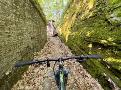 Point of view of a bike on an outdoor trail