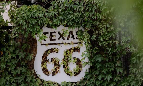 Photo of a route 66 sign covered in greenery at Texas Ivy in Amarillo, Texas