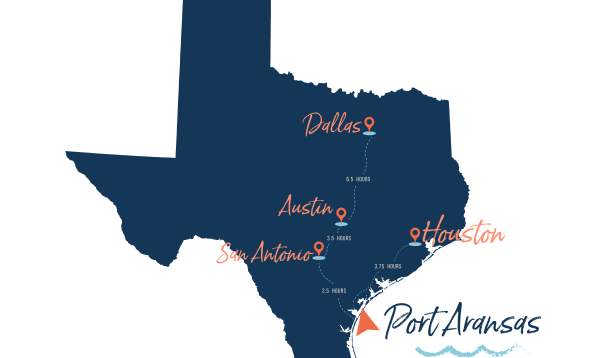 Blue map of the state of Texas with the cities Dallas, Austin, San Antonio and Houston marked on the map and travel distances to the city of Port Aransas