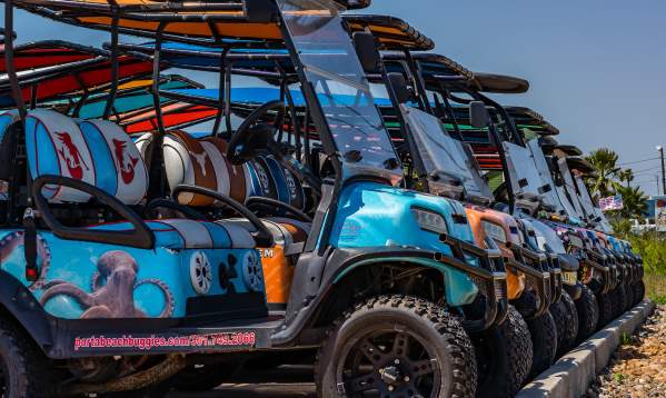 A row of golf carts covered in aquatic wraps and with unique seat stitching