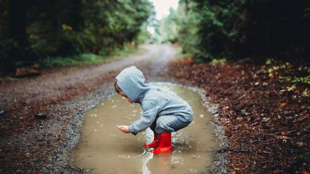 child playing in puddle
