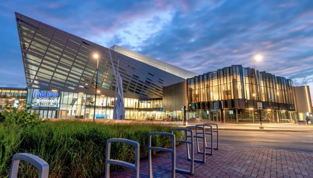 Wide shot of new design of Central Bank Center and Rupp Arena