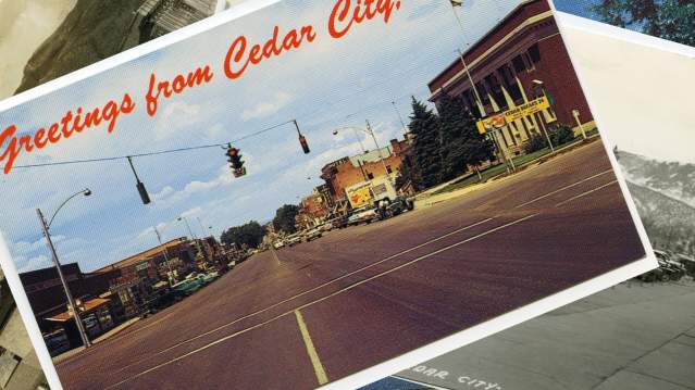 Vintage postcard reading “Greetings from Cedar City,” showing a historic downtown street scene in Cedar City, Utah