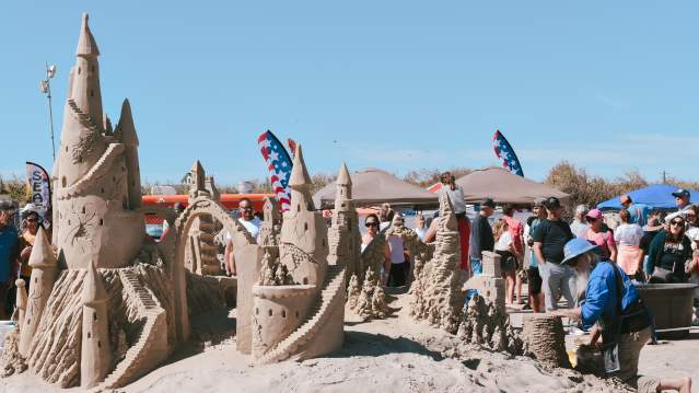In the foreground, the back of a sandcastle is visible. In the background, the sculptor kneels over his project while a crowd watches and strolls by.