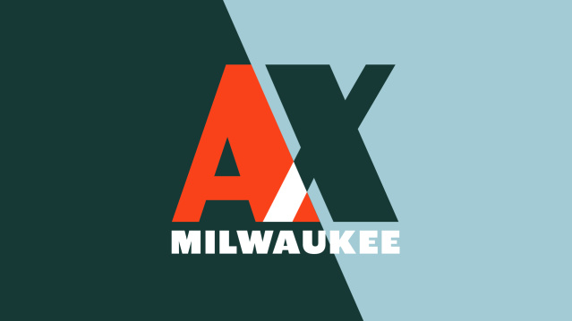 AX Milwaukee logo on a green and blue split background
