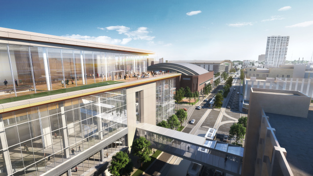 a rendering of the expanded Baird Center highlighting the outdoor terrace and skywalk looking north