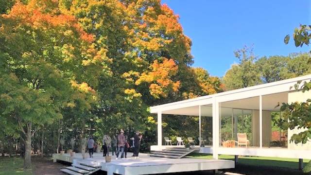 Edith Farnsworth House in Plano, Illinois - fall exterior