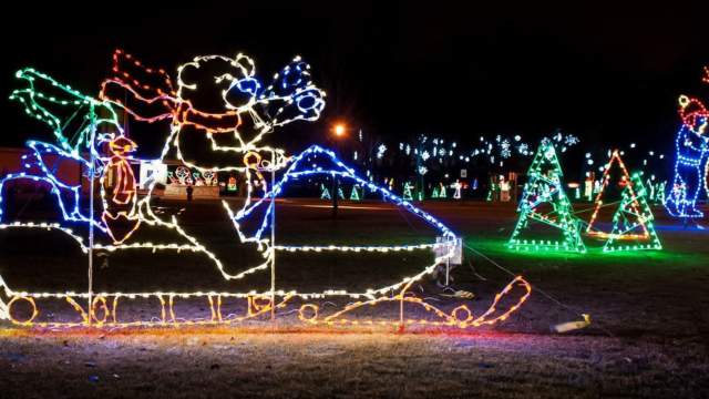 Panorama of holiday lights at Phillips Park for Rotary Club of Aurora Festival of Lights