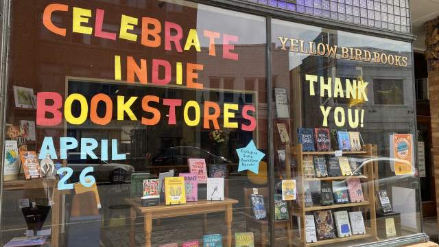 Indie Bookstore Day window display at Yellow Bird Books in downtown Aurora, Illinois