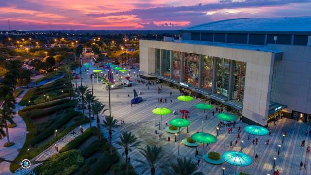 Aerial shot of FLA Live Arena at Sunset