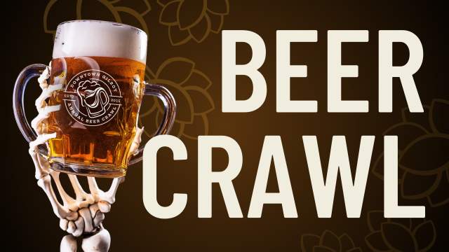 Banner saying "Beer Crawl" with image of a skeleton hand holding a glass beer mug saying "Downtown Gilroy Annual Beer Crawl ETSD 2015"
