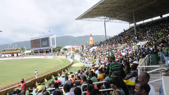 A view of fans in the stands at Sabina Park in Kingston, Jamaica watching a match on a sunny day.