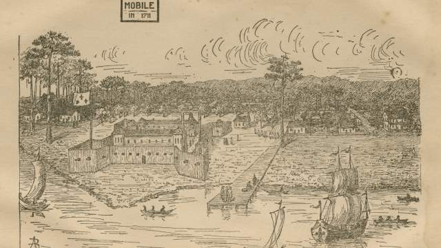 Illustration of Old Mobile ca. 1711 from Mobile of the Five Flags: The Story of the River Basin and Coast About Mobile from the Earliest Times to the Present