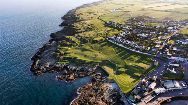 Aerial view overlooking the rocks and sea by the Ardglass Golf Club
