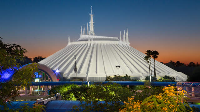 Exterior view of Space Mountain, the famous, space-themed dark coaster at Magic Kingdom Park, part of Walt Disney World Resort in Orlando.