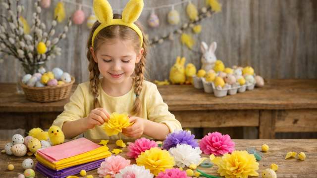 En jente som sitter og lager papirblomster i alle farger