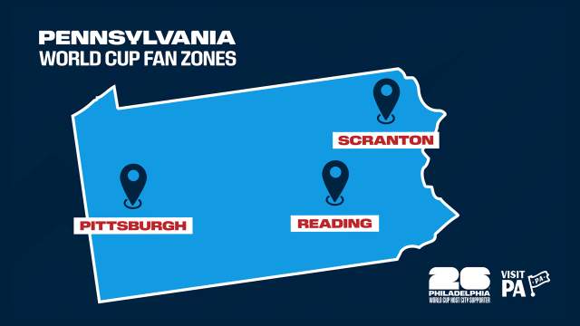 Map of Pennsylvania with three points identified as Pittsburgh, Reading and Scranton Pennsylvania’s World Cup Fan Zones.