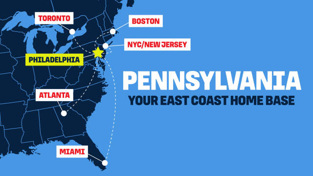 Informational map of Pennsylvania and its surrounding East Coast states and key cities identified with a dot as Boston, New York, New Jersey, Toronto, Atlanta, Miami