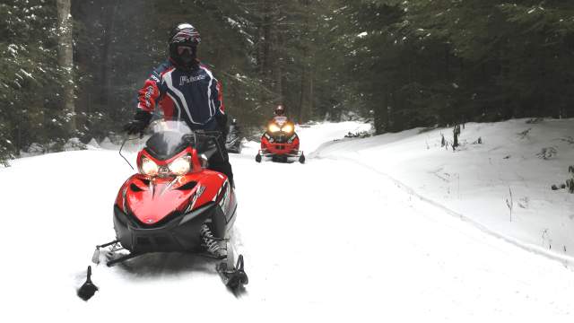 Snowmobiles in a snowy state park.