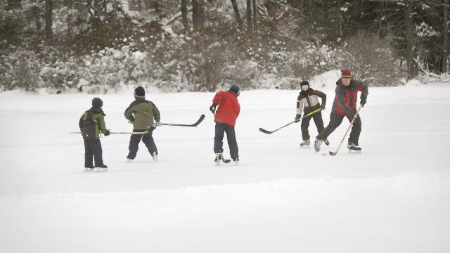 Group of boys playing ice hockey.