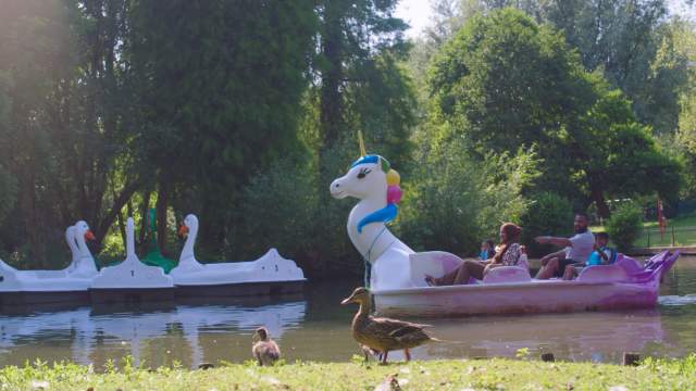 A family riding the pedalos in Singleton Boating Lake