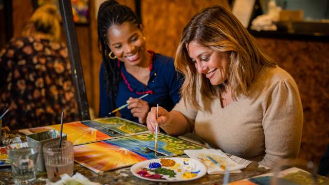 Friends painting in Founders & Co during The Paint Along Lady workshop