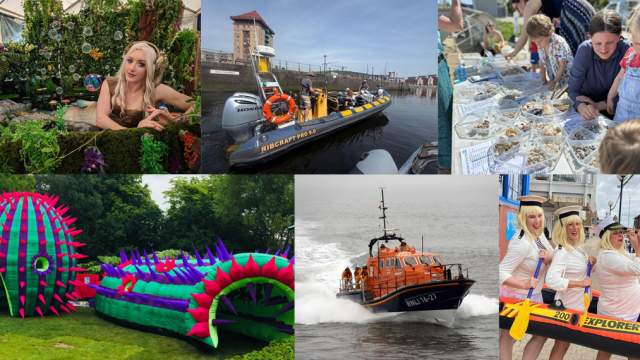 A montage showing a mermaid, lifeboat, craft activity.