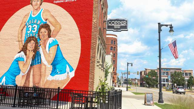 Mural of Sports Illustrated Cover featuring Larry Bird as college player for ISU located on the side of the Copper Bar restaurant in Terre Haute, Indiana