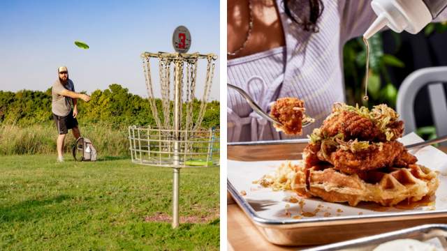 a collage of 2 photos of a person playing disk golf and a brunch dish
