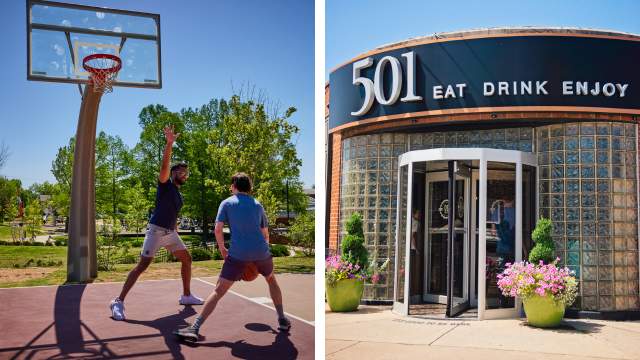 2 people playing basketball and the front door of a cafe