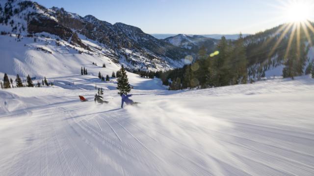 Skier going down a run at Snowbird Resort.