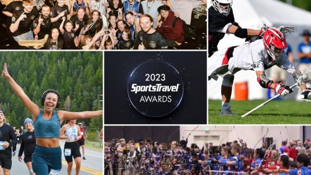 Sport photo collage of archery, running, lacrosse, and a athlete team photo, all surrounding the words "2023 SportsTravel Award"