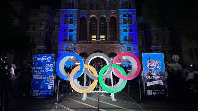 Olympic Rings in front of the Salt Lake Civic Center Building