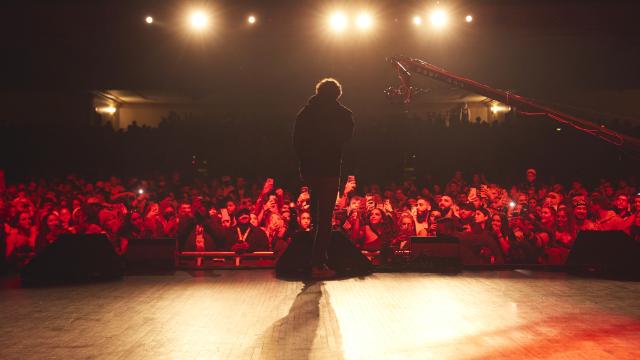 Performer on stage in front of cheering audience