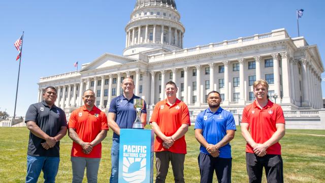 Pacific Nations Cup players pose in front of the Utah State Capitol