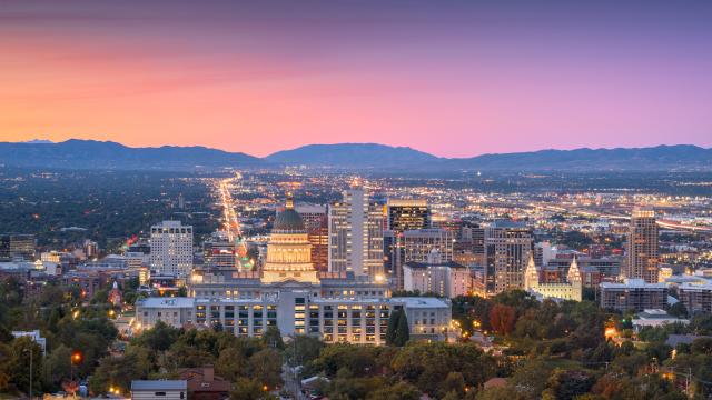 Sunset view of the Salt Lake Valley with the capitol building looking down State street