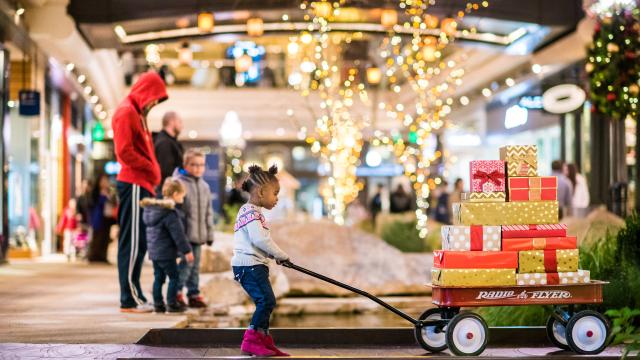 A child pulling a radio flyer wagon full of presents with shoppers in the background