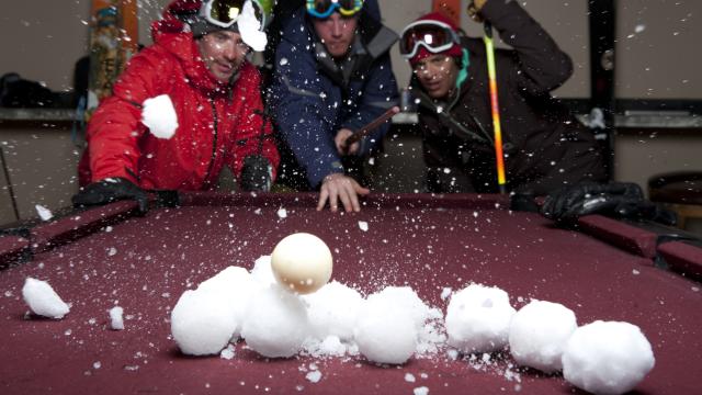 Playing Pool with Snowballs at The Thirsty Squirrel at Solitude