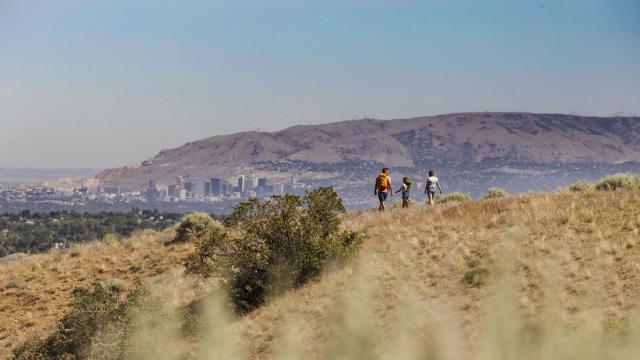 Father and daughters on a summer trail hillside with Salt Lake City skyline in the backround