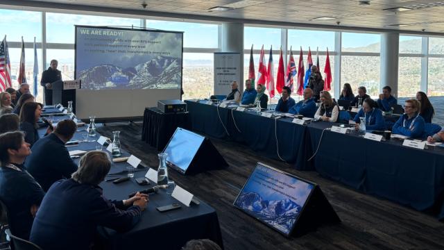 Members of the Salt Lake City-Utah Committee for the Games make an opening presentation to the International Olympic Committe's Future Host Commission on the first day of a FHC visit to the potential host of the 2034 Olympic and Paralympic Winter Games.