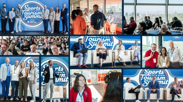 A collage of photos showing participants, speakers, award recipient during the Sports Tourism Summit.