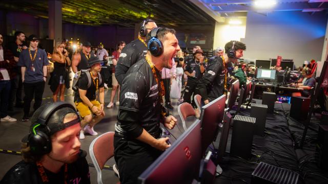 Video game athletes, playing Halo and cheering