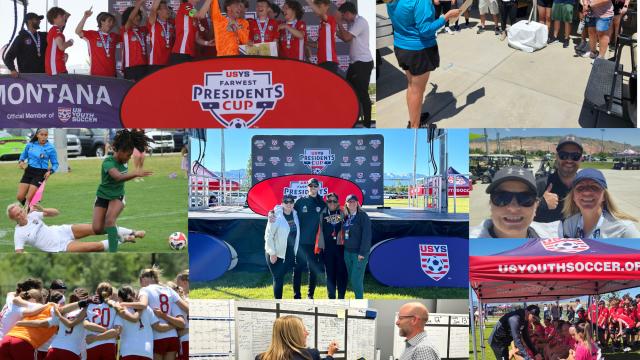 A collage of pictures. pictures with soccer players running with the ball, another cheering with a trophy. There is also a couple of pictures of volunteers working with the players as well.