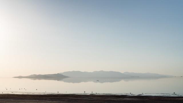 Shoreline of Great Salt Lake near the marina looking out toward Antelope island