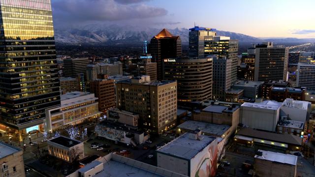 Drone shot of downtown in Winter