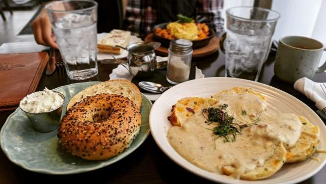 Plated Bagels and Biscuits with Gravy at a Dayton, OH restaurant
