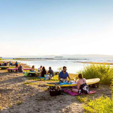 dinner on the beach next to lake on surfboards