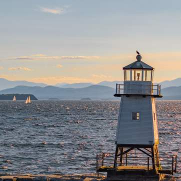 An image looking west over Lake Champlain and the Burlington Breakwater - Lighthouse