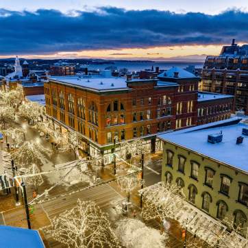 Aerial view of holiday lights downtown