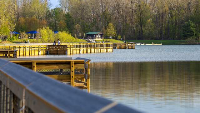 Floating bridge stretching out into a lake